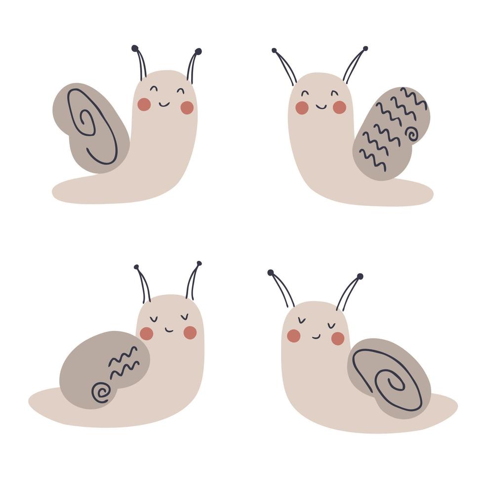 Doodle simple collection of cute snails. Perfect for T-shirt, greeting card, poster, textile and prints. Hand drawn vector illustration for decor and design.