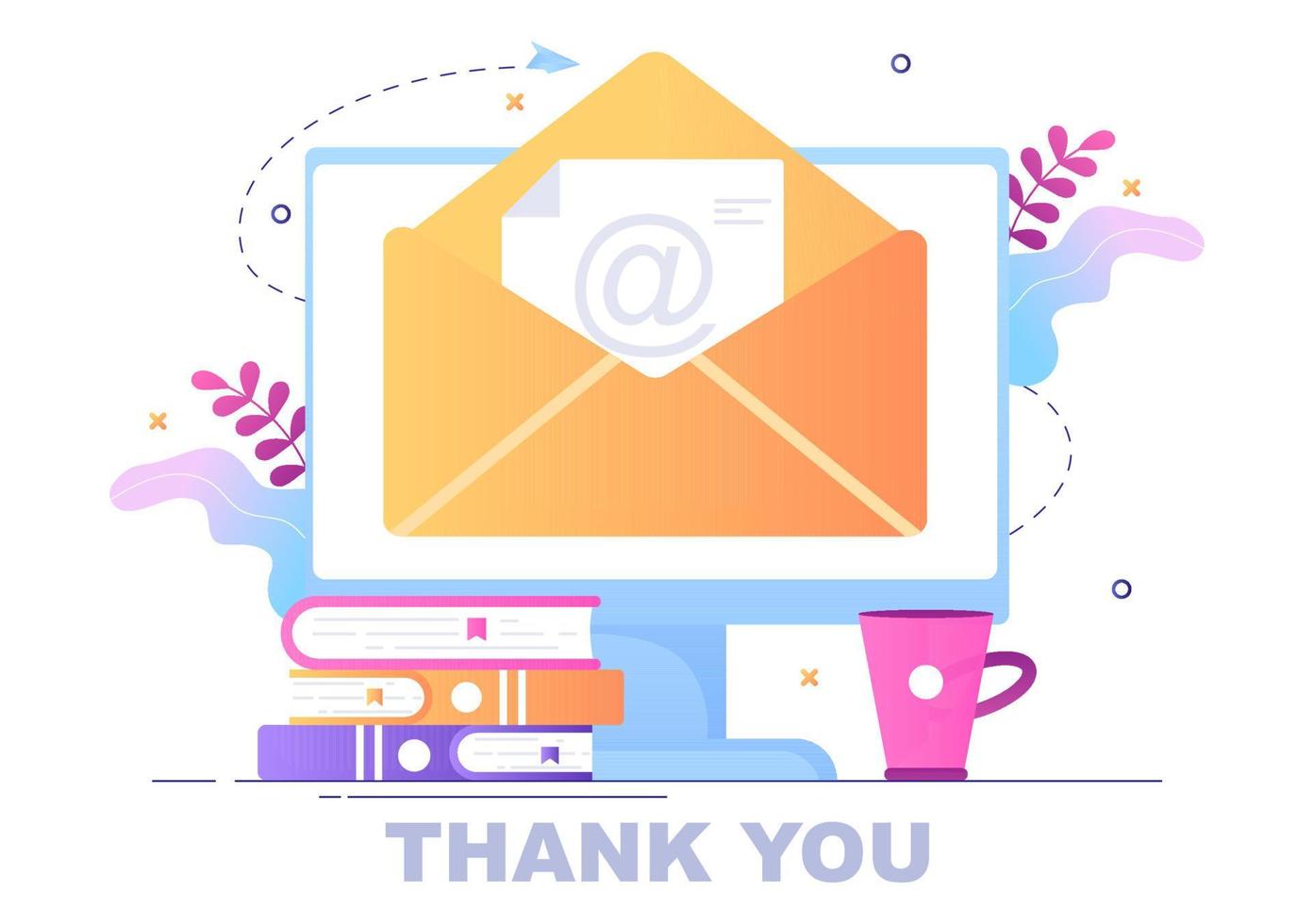 Email Thank You Banner Flat Illustration with Envelope Greeting Card and Text Thanks Vector Background