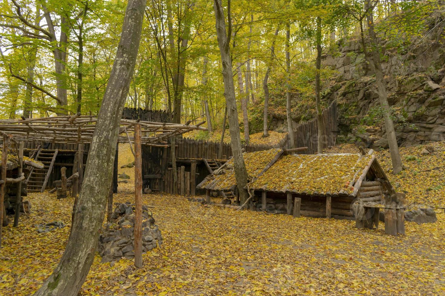 Antigua cabaña de madera en el bosque de otoño sembrado de hojas foto