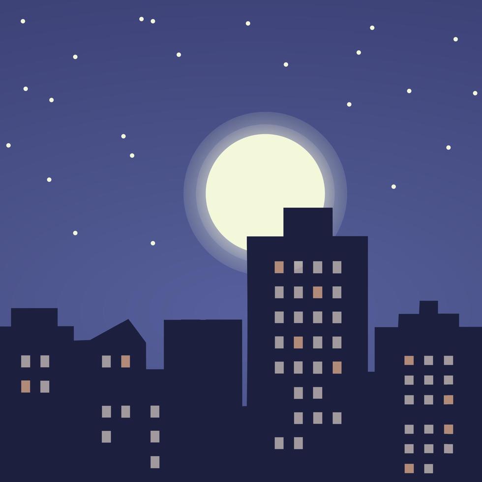 Silhouette city at night background with cityscape, bright moon and stars.Night city skyline background vector