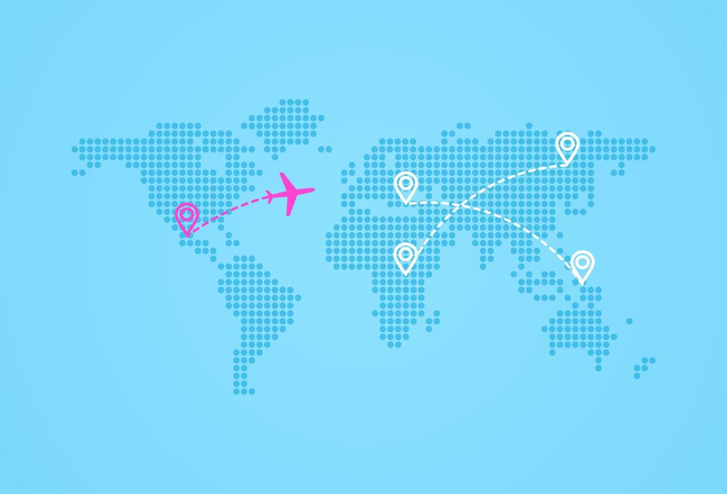 Airplane routes on maps. Plane paths on world maps. Aircraft tracking, planes, travel, map pins, location pins. Vector illustration.