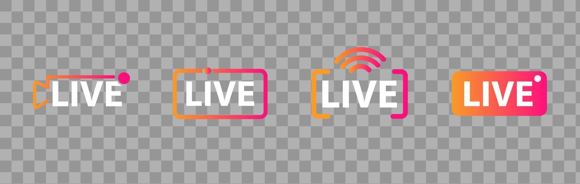 Live streaming icon set. Live buttons on a transparent background. Broadcasting symbol template. Social media concept. vector