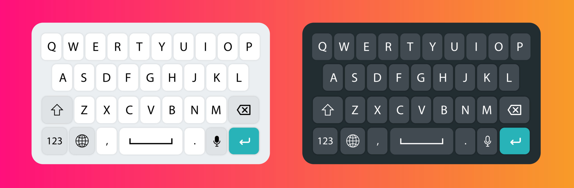 Smartphone keyboard in light and dark mode. Keypad alphabet buttons in
