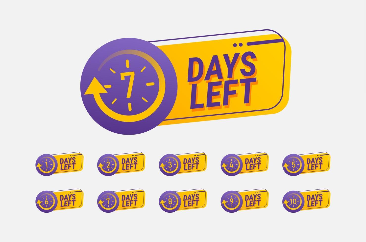 Number days left countdown vector illustration template. Collections of countdown days sign to event in yellow and purple color.