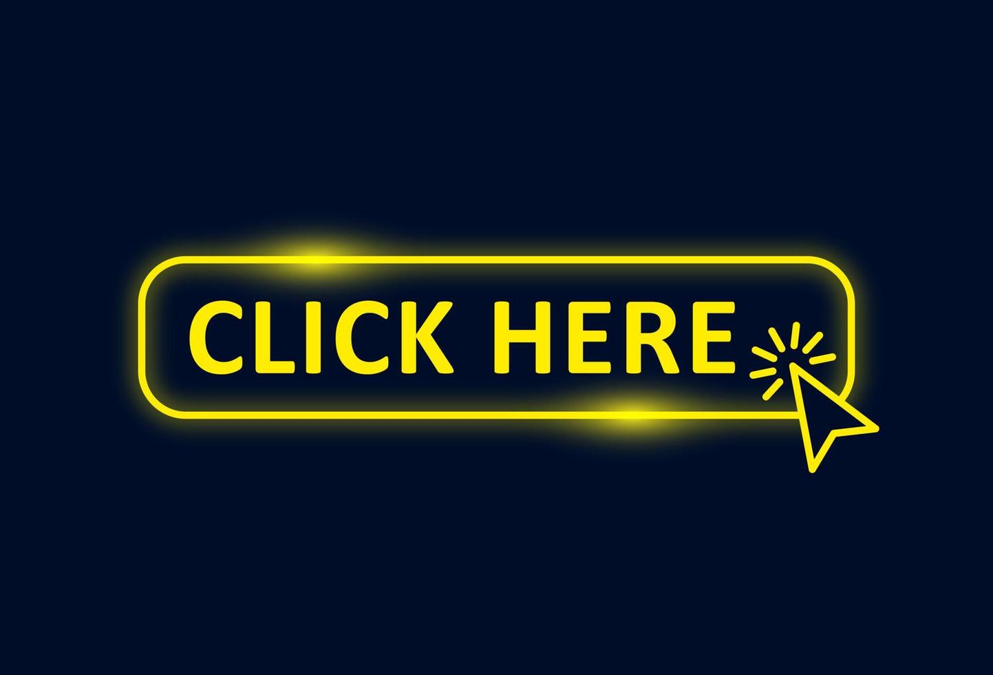 Click here yellow button with the cursor. Button with the pointer clicking. Click here banner with neon style vector