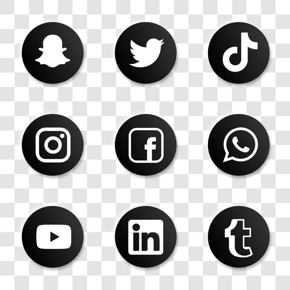 Collection of popular social media logo. Social media icons. Realistic set. Facebook, twitter, instagram, youtube, snapchat, whatsap, linkedin, tumblr, tiktok. Vector editorial