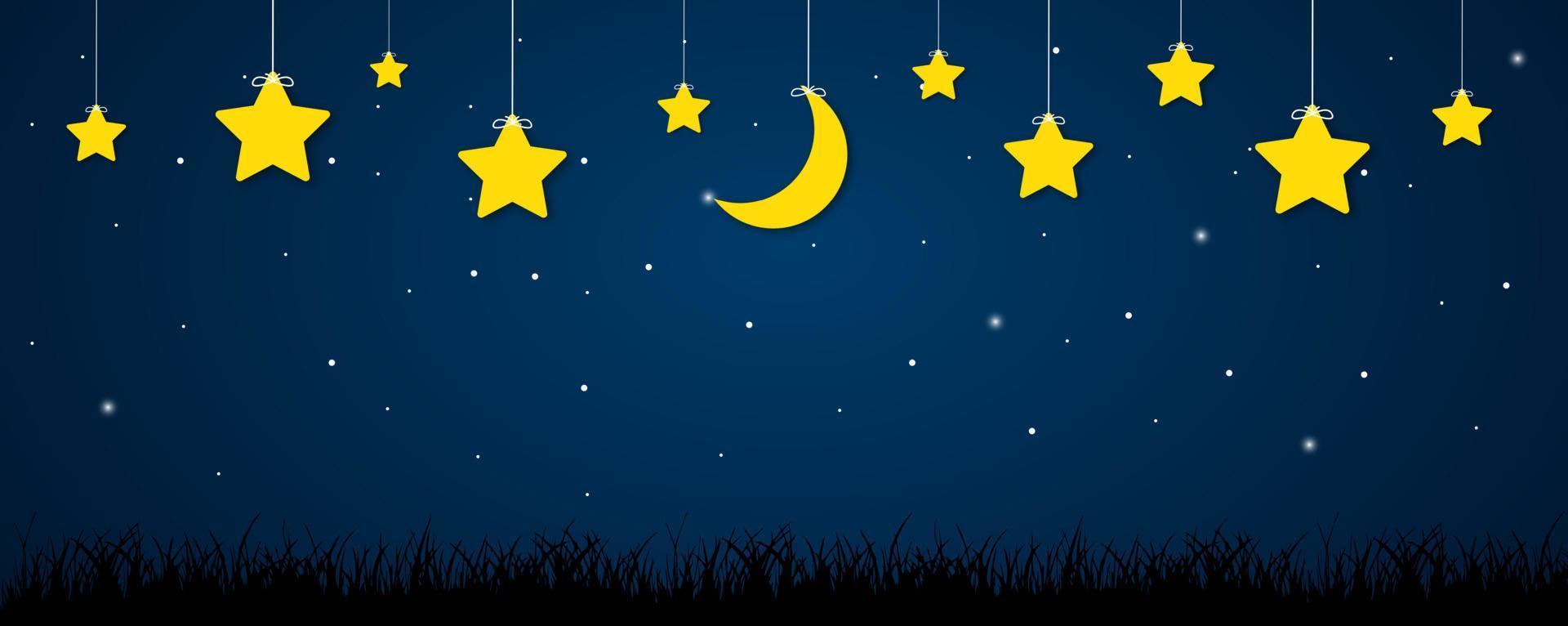 Background of night sky with stars and moon. Yellow moon and stars twinkle  in blue dark night sky. Banner background with space for text. 4435813  Vector Art at Vecteezy