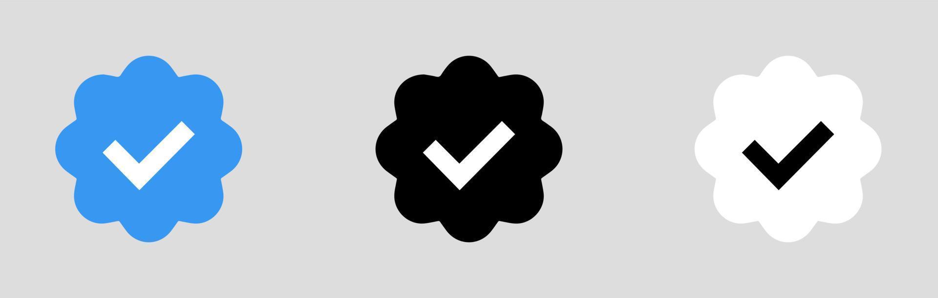 iconos de verificación de cuenta de redes sociales. conjunto de perfil de insignia verificado. marca de verificación aislada en negro, azul y blanco. vector