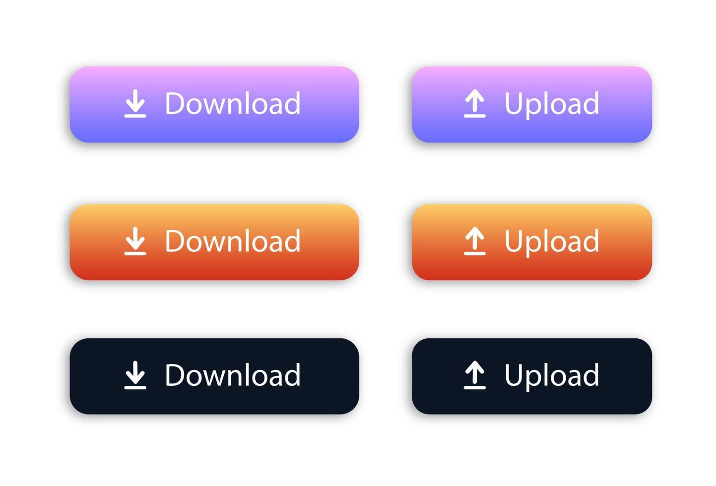 Set of download and upload button with yellow, black and purple colors. Download icon. Upload icon. Vector illustration.