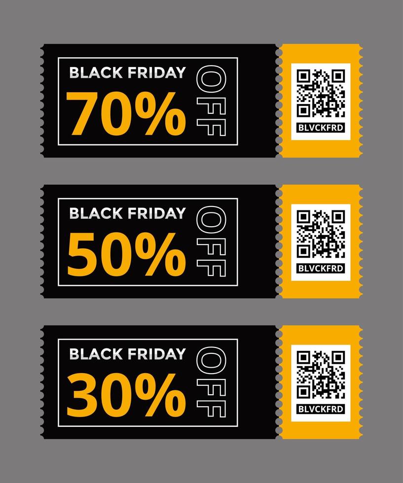 Black friday gift voucher card with coupon code text and qr code