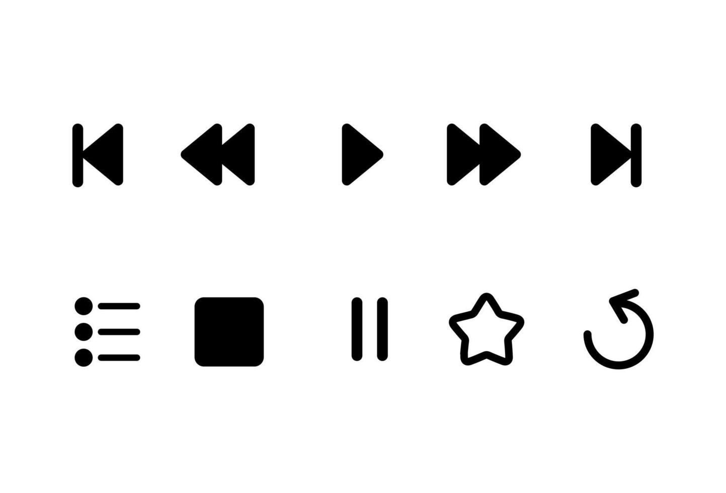 Media player icons set. Music, interface, design media player buttons collection. Play, pause, stop, replay, playlist, favorit, next, previous, rewind. Vector illustrations.