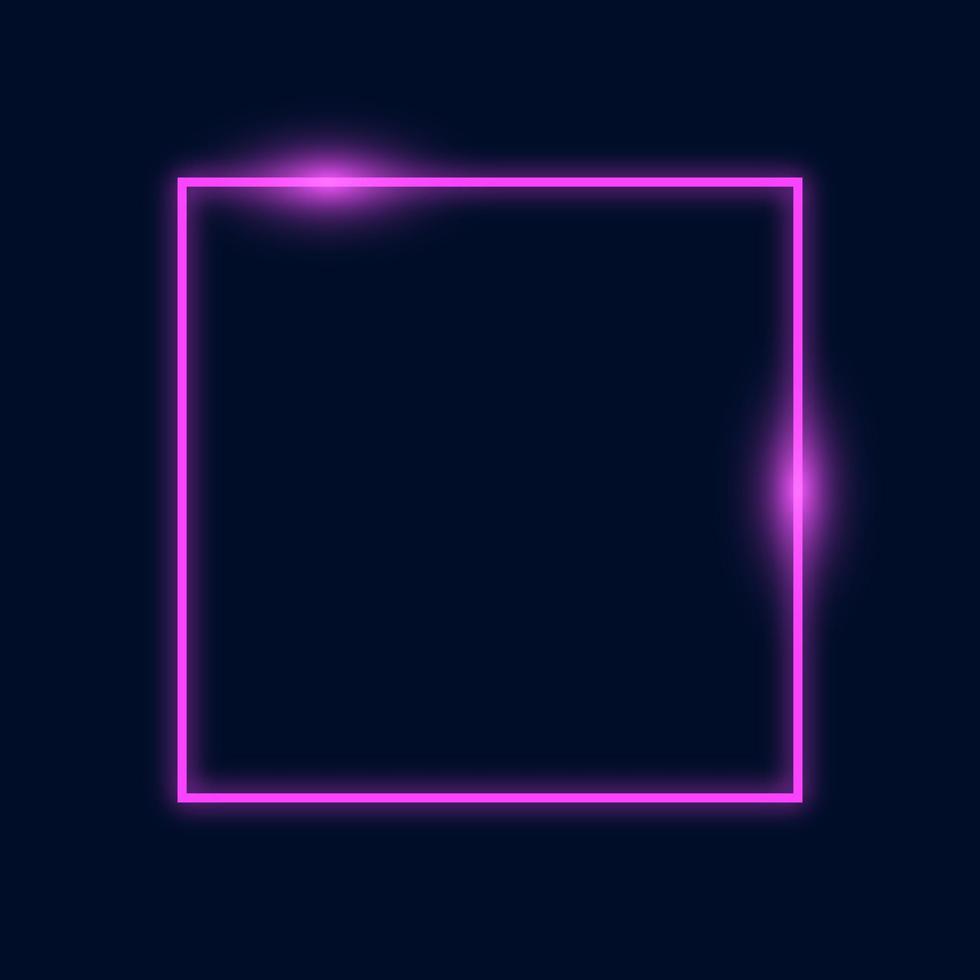 Square Purple neon light on a dark background. Neon rectangle frame. Vector abstract background. Geometric glow outline shape or laser glowing lines.