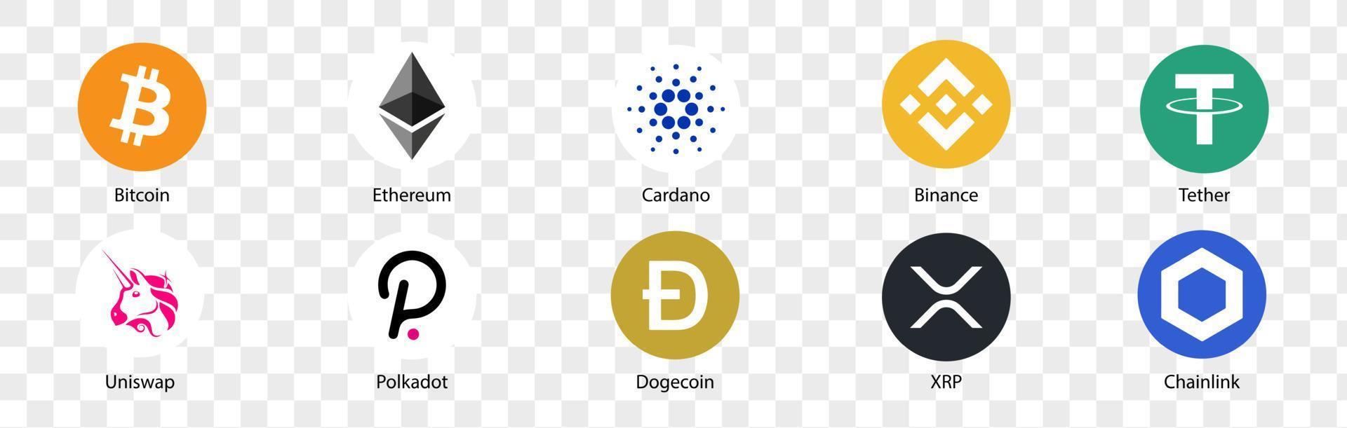 Cryptocurrency logo set. Set of cryptocurrency icons. Bitcoin, Ethereum, Cardano, Binance, Tether,Uniswap, Polkadot, Dogecoin, XRP, Chainlink. Vector illustrations.