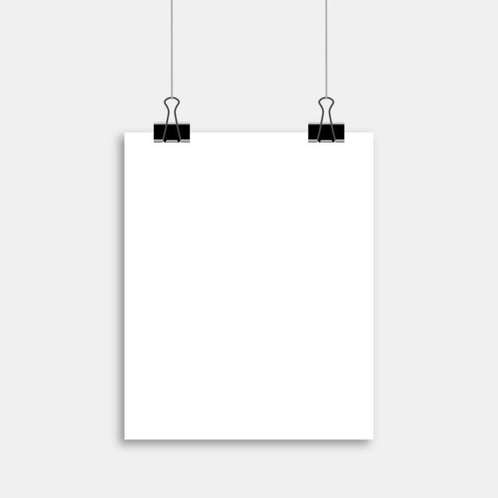 Realistic hanging blank paper sheet with shadow in A4 format with black paper clip. vector