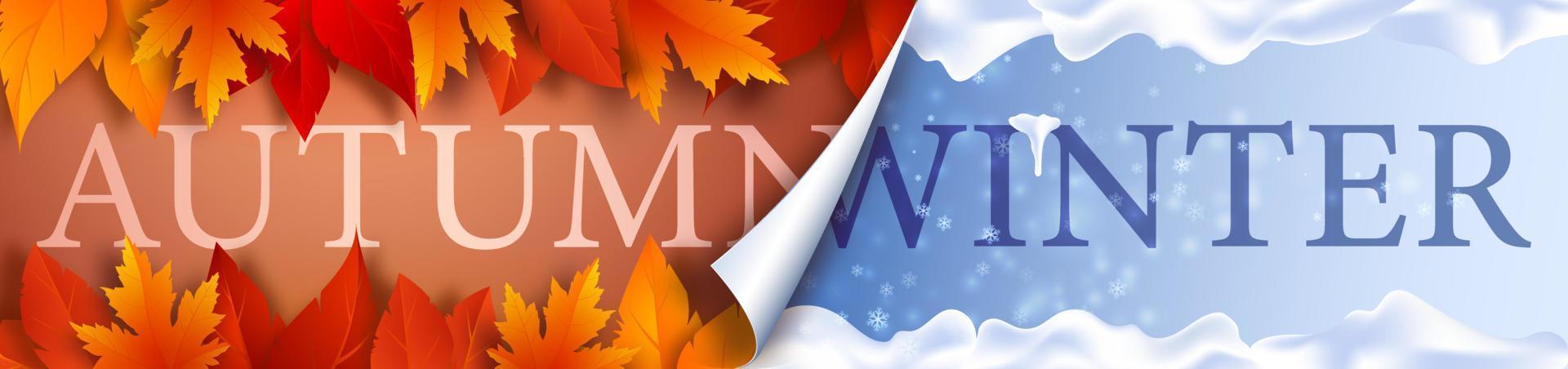 Seasonal banner. The calendar page turns over and winter begins. Vector background with realistic yellow, red, orange autumn leaves turning into snow and snowflakes. Autumn is over, winter has begun.