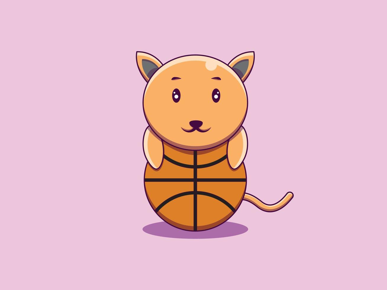 Print Vector cat hugging basket ball cartoon icon illustration