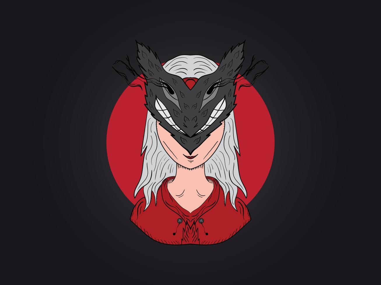 chica de vector de impresión con ilustración de máscara kitsune