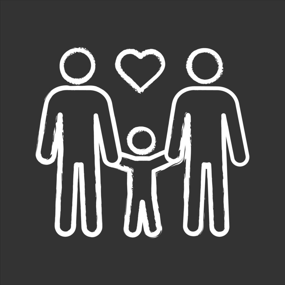 icono de tiza de familia gay. dos papás con niño. crianza del mismo sexo. padres lgbt. dos hombres con niño. adopción gay. ilustración de pizarra de vector aislado
