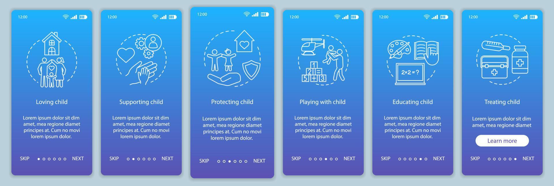 Child rights onboarding mobile app page screen vector template. Loving, supporting, protecting, treating. Walkthrough website steps with linear illustrations. UX, UI, GUI smartphone interface concept