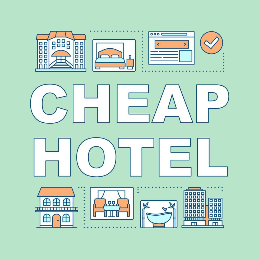 Cheap hotel word concepts banner. Hotel buildings and rooms. Spa salon, dining room. Presentation, website. Isolated lettering typography idea with linear icons. Vector outline illustration