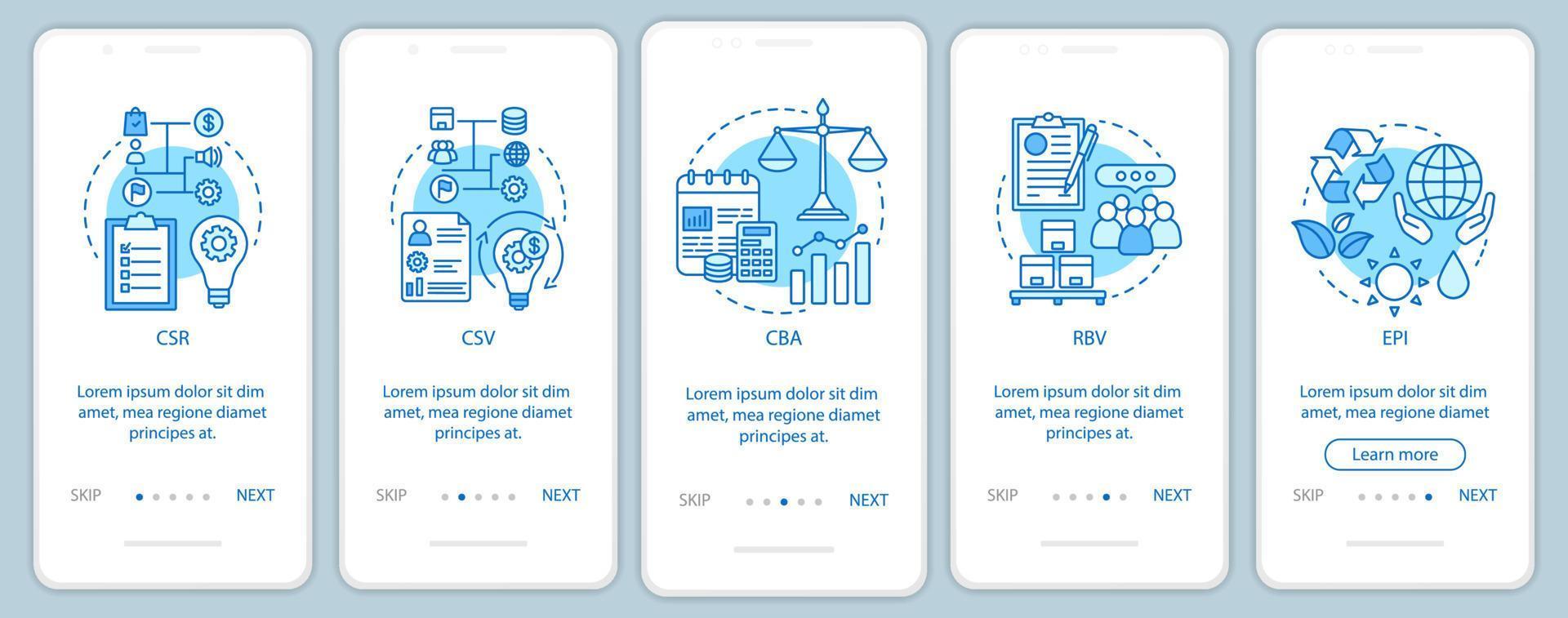 Corporate governance onboarding mobile app page screen vector template. CSR. Corporate citizenship. Business ethic. Walkthrough website steps. Sustainable development. UX, UI, GUI smartphone interface
