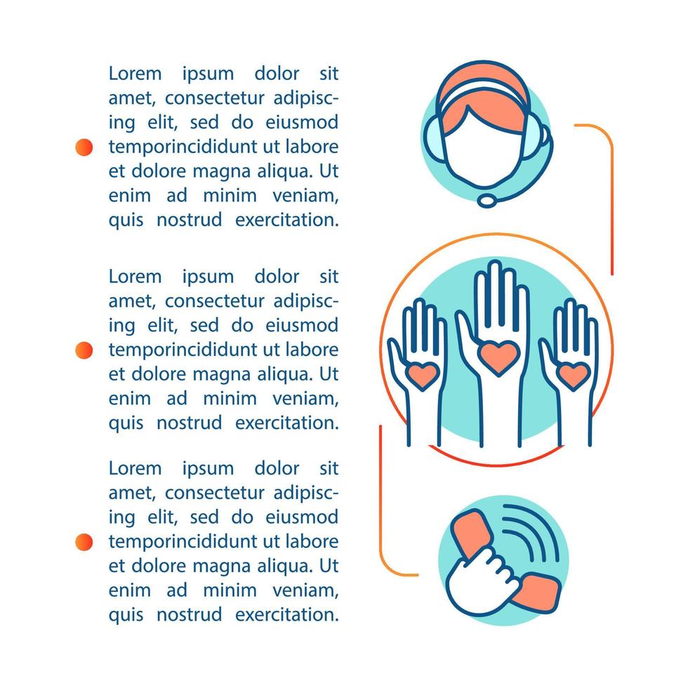 Volunteer organization article page vector template. Call center. Brochure, magazine, booklet design element with linear icons and text boxes. Print design. Concept illustrations with text space