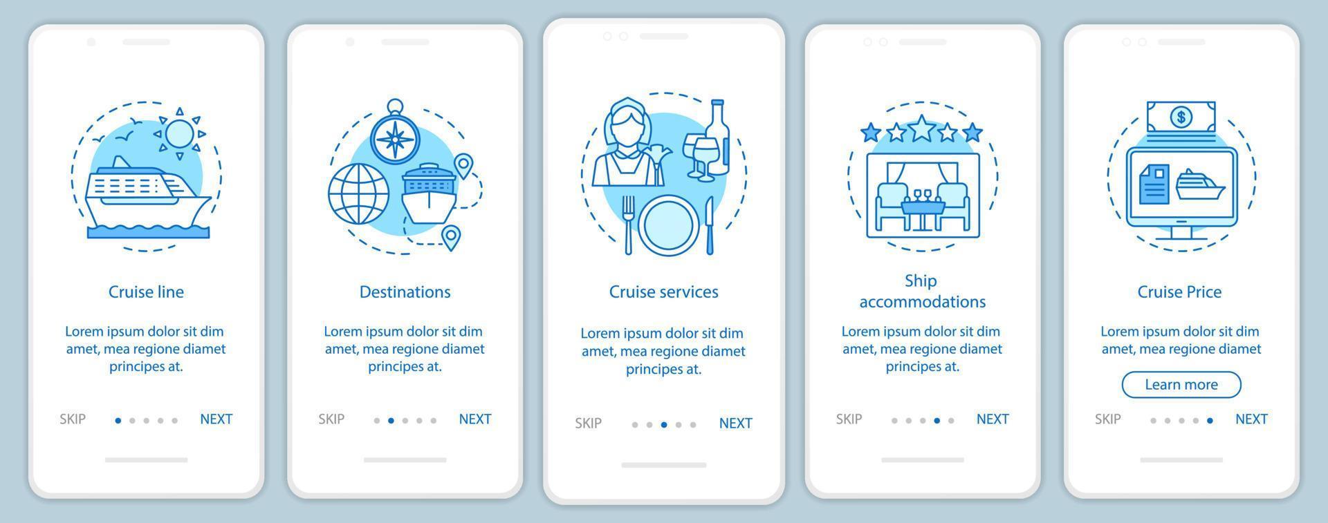 Cruise information onboarding mobile app page screen vector template. Cruise line, destinations, services. Walkthrough website steps with linear illustrations. UX, UI, GUI smartphone interface concept