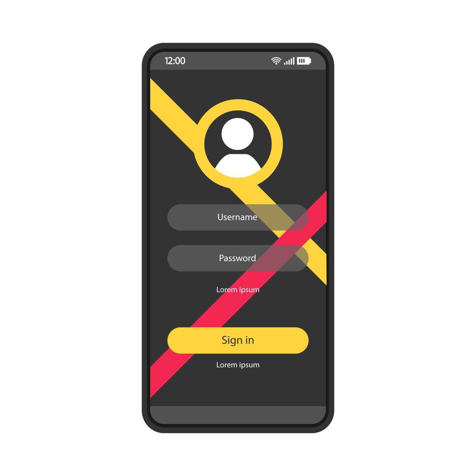 User authorization smartphone page vector template. Sign in. Mobile app interface black design layout. Login, sign up screen. Flat UI application. Registration. Phone display with password, username