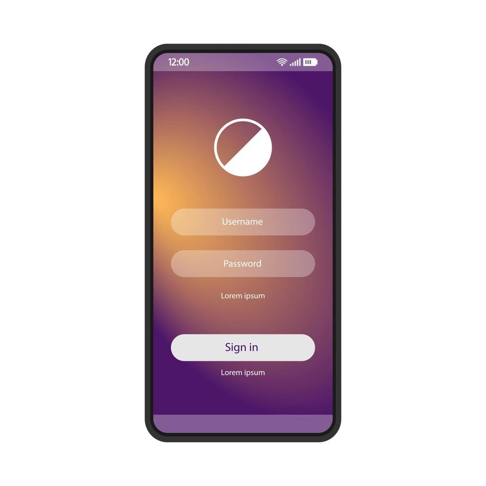 Sign in smartphone page vector template. Mobile app interface blue design layout. Login, sign up screen. Flat UI application. User registration, authorization. Phone display with password and username