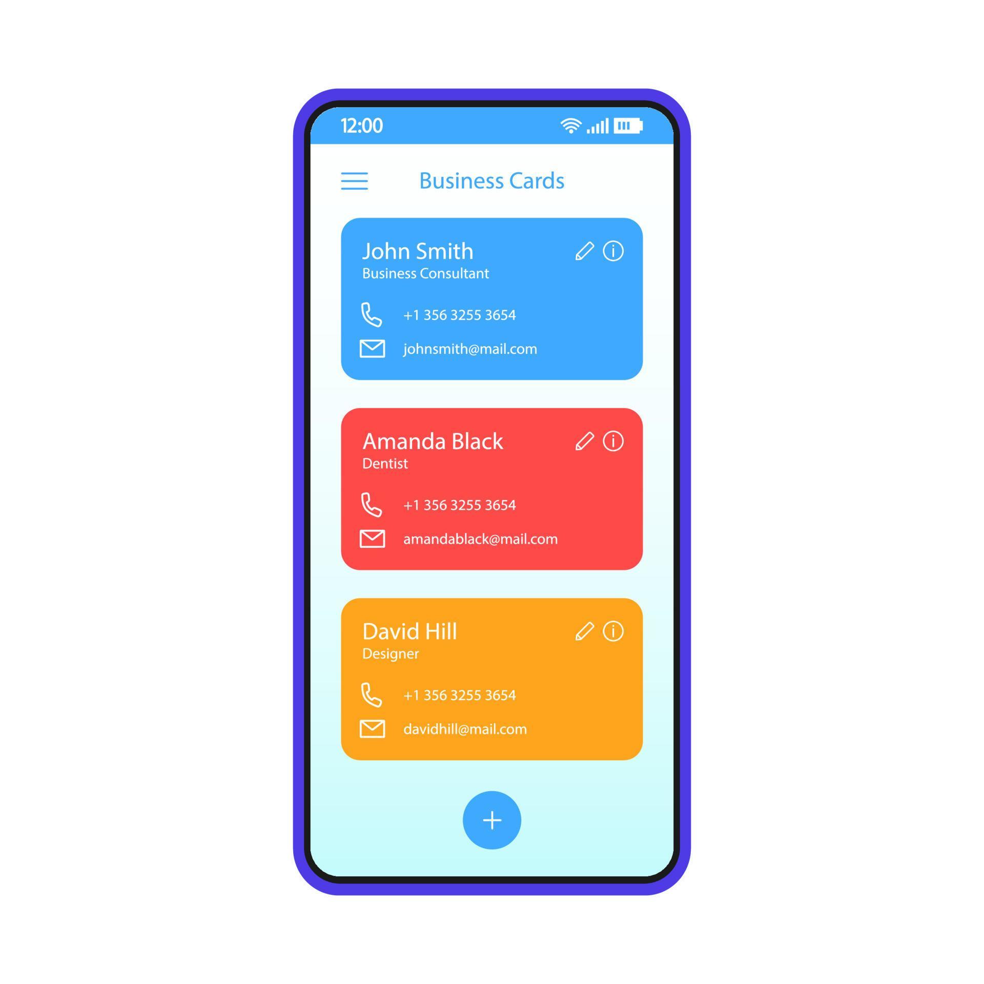 Contact list smartphone interface vector template. Business cards