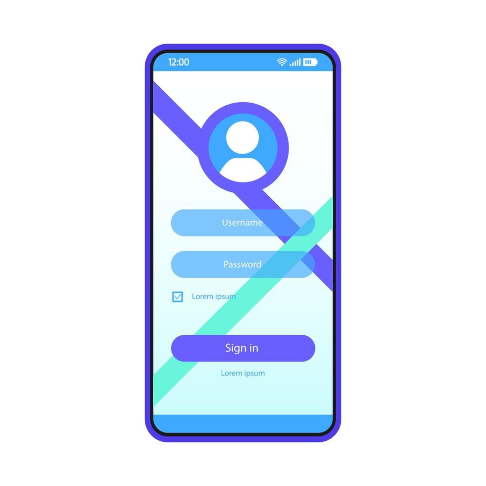 User authorization smartphone page vector template. Sign in. Mobile app interface blue design layout. Login, sign up screen. Flat UI application. Registration. Phone display with password and username