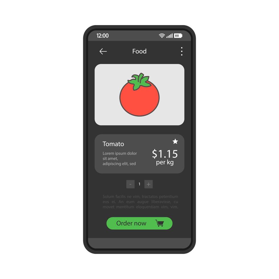 Grocery store app interface vector template. Mobile app interface black design layout. Smartphone food buying. Online shopping. Store vegetables category. Flat UI. Phone display with tomato ordering