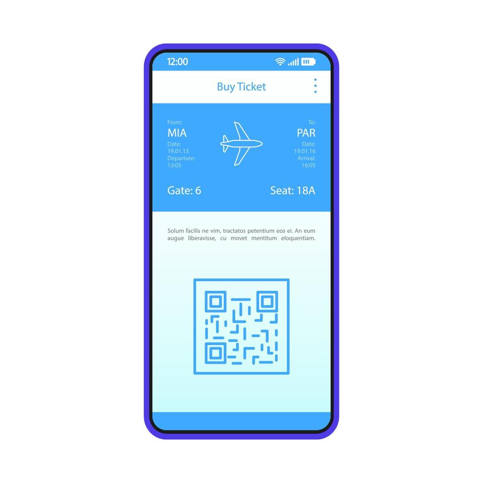 Tickets booking app interface vector template. Mobile app interface blue design layout. Smartphone flight ticket buying. Online trip planning. Flat UI. Phone display with QR code