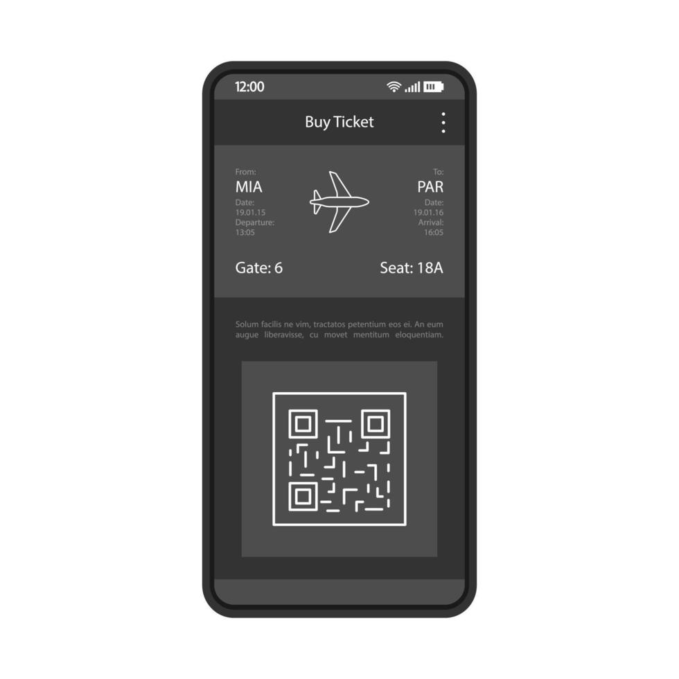 Tickets booking app interface vector template. Mobile app interface black design layout. Smartphone flight ticket buying. Online trip planning. Flat UI. Phone display with QR code