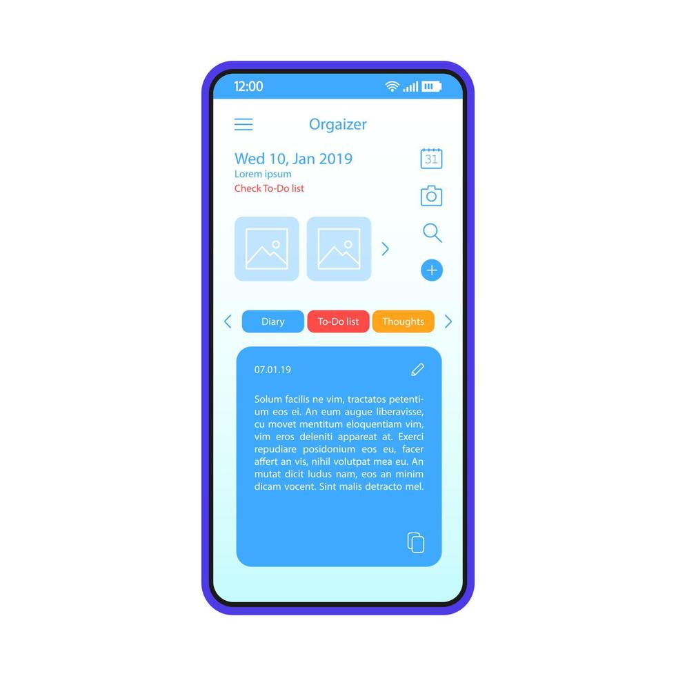 Organizer app smartphone interface vector template. Mobile planner, reminder application interface design. Day planning widget screen. Schedule, timetable. Flat UI for application. Phone display