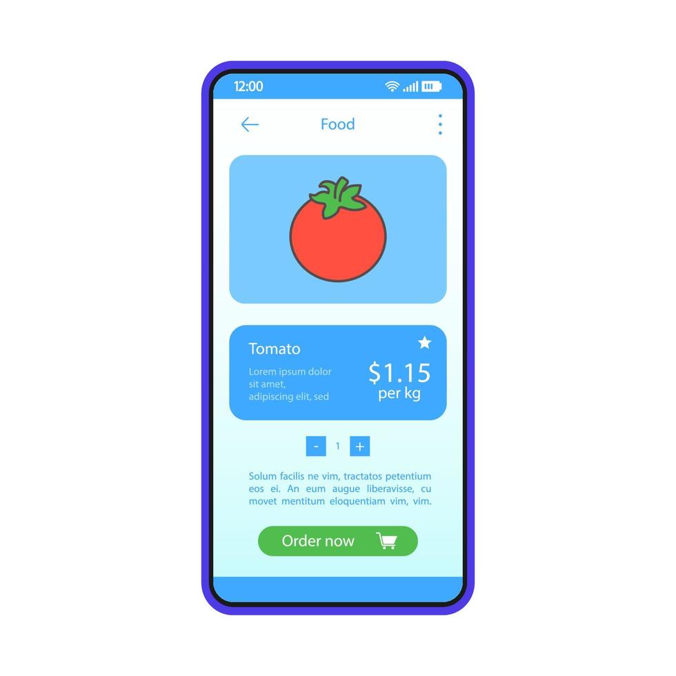 Grocery store app interface vector template. Mobile app interface blue design layout. Smartphone food buying. Online shopping. Store vegetables category. Flat UI. Phone display with tomato ordering