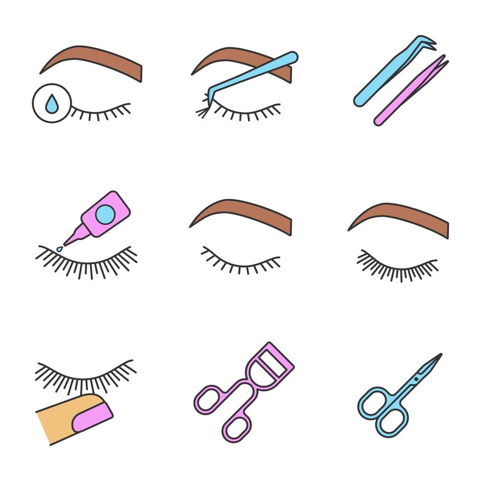 Eyelash extension color icons set. Makeup tools. Primer, cluster, tweezers, glue, lash curler, scissors, stop touching, before and after eyelash extension. Isolated vector illustrations