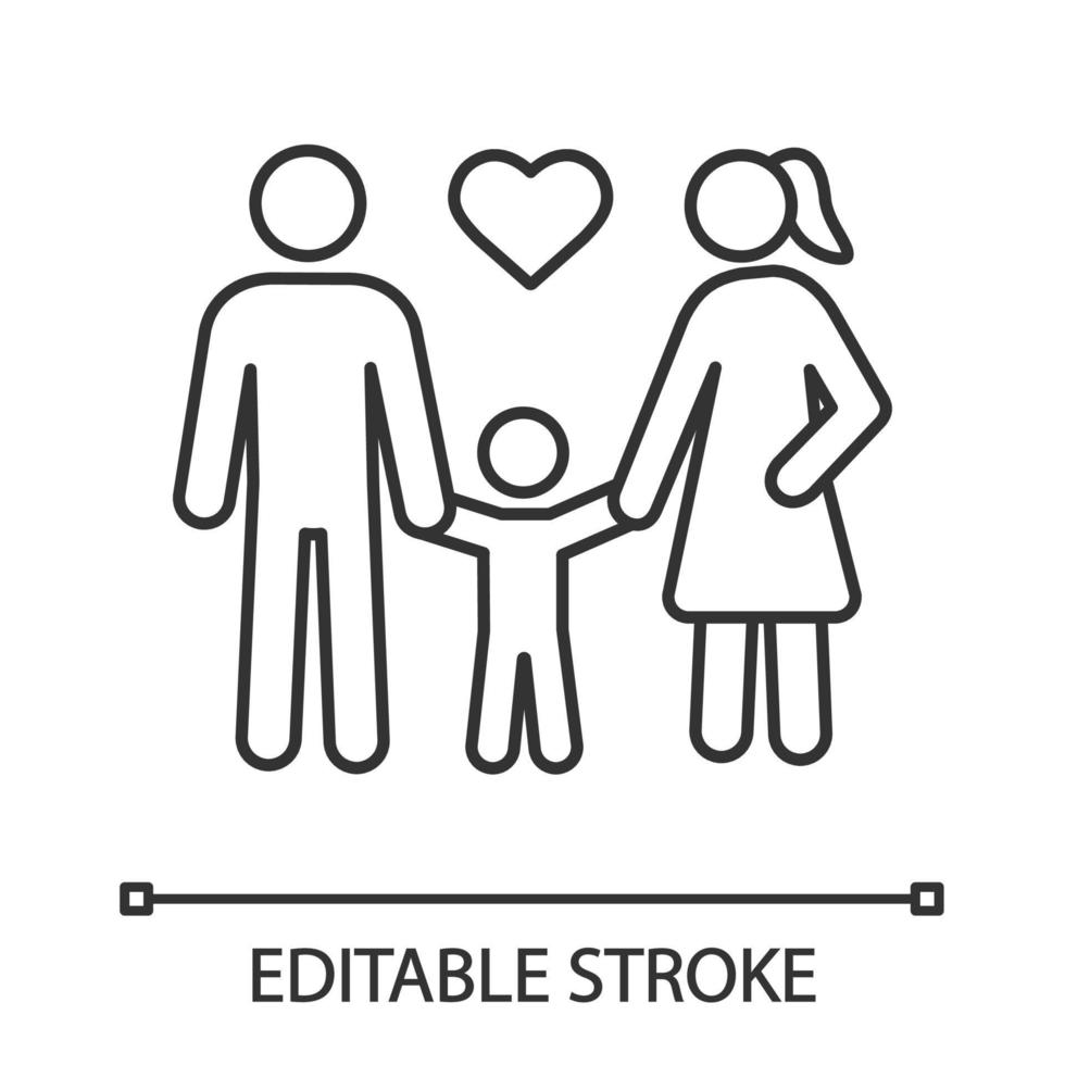 Family linear icon. Thin line illustration. Woman, man, child. Positive parenting. Childcare. Happy parenthood. Father, mother, baby. Contour symbol. Vector isolated outline drawing. Editable stroke