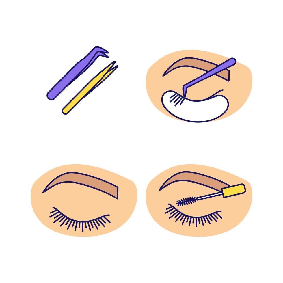 Eyelash extension color icons set. Straight and curved pointed tweezers, closed woman's eye, mascara, classic individual eyelash extension. Isolated vector illustrations