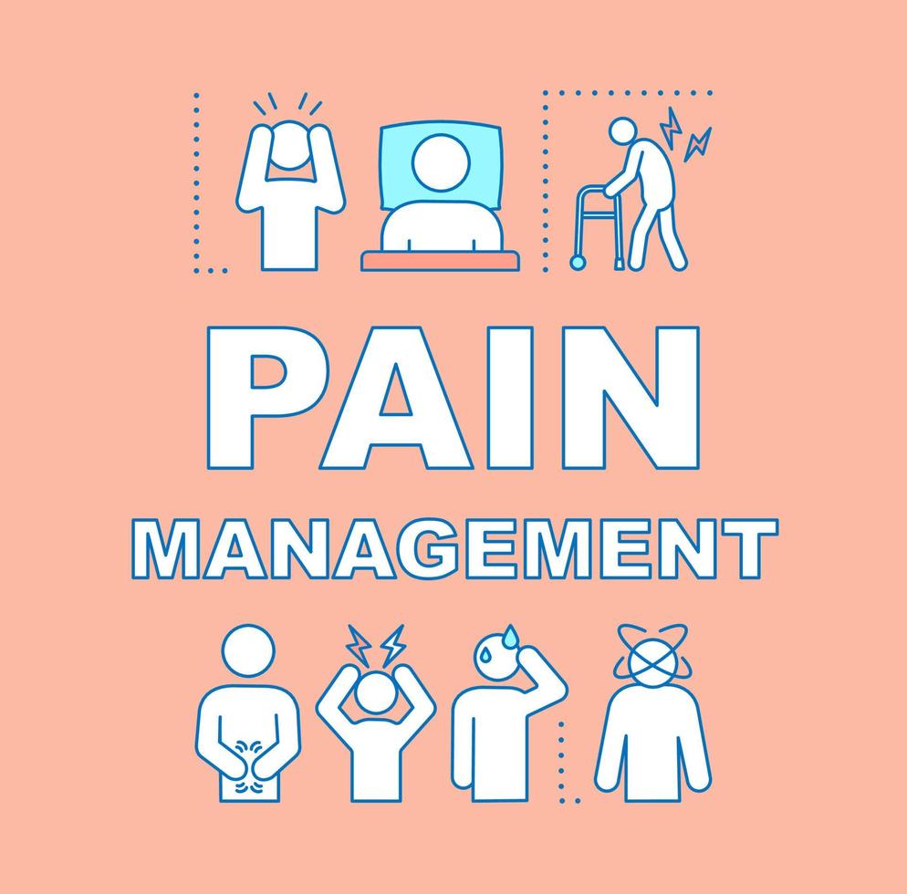 Pain management word concepts banner. Presentation, website. Pain medicine. Isolated lettering typography idea with linear icons. Disease and disorders painful symptoms. Vector outline illustration