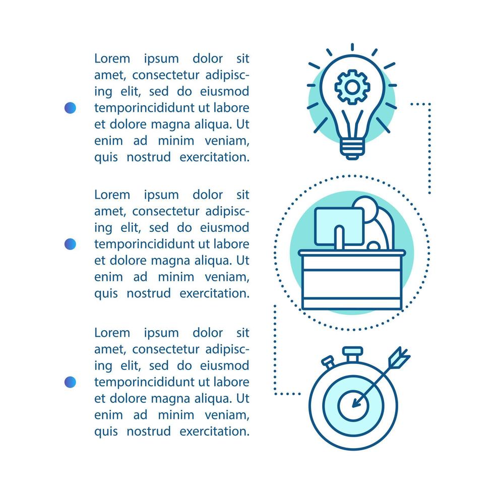 Business smart goal article page vector template. Idea generation. Brochure, magazine, booklet design element with icons and text boxes. Achievement. Work, job. Print design. Concept with text space