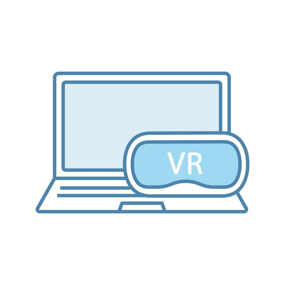 Computer VR headset color icon. Virtual reality games. VR mask, glasses, goggles with laptop. Isolated vector illustration