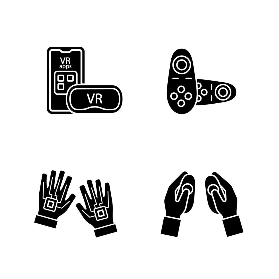 Virtual reality devices glyph icons set. Silhouette symbols. Smartphone VR headset, wireless controllers, haptic gloves. Vector isolated illustration