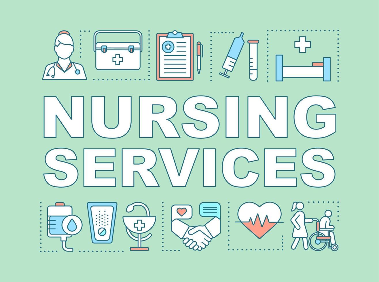Nursing service word concepts banner. Medicine and healthcare. Home care. Living assistance. Caregiver, carer. Presentation, website. Isolated lettering typography. Vector outline illustration