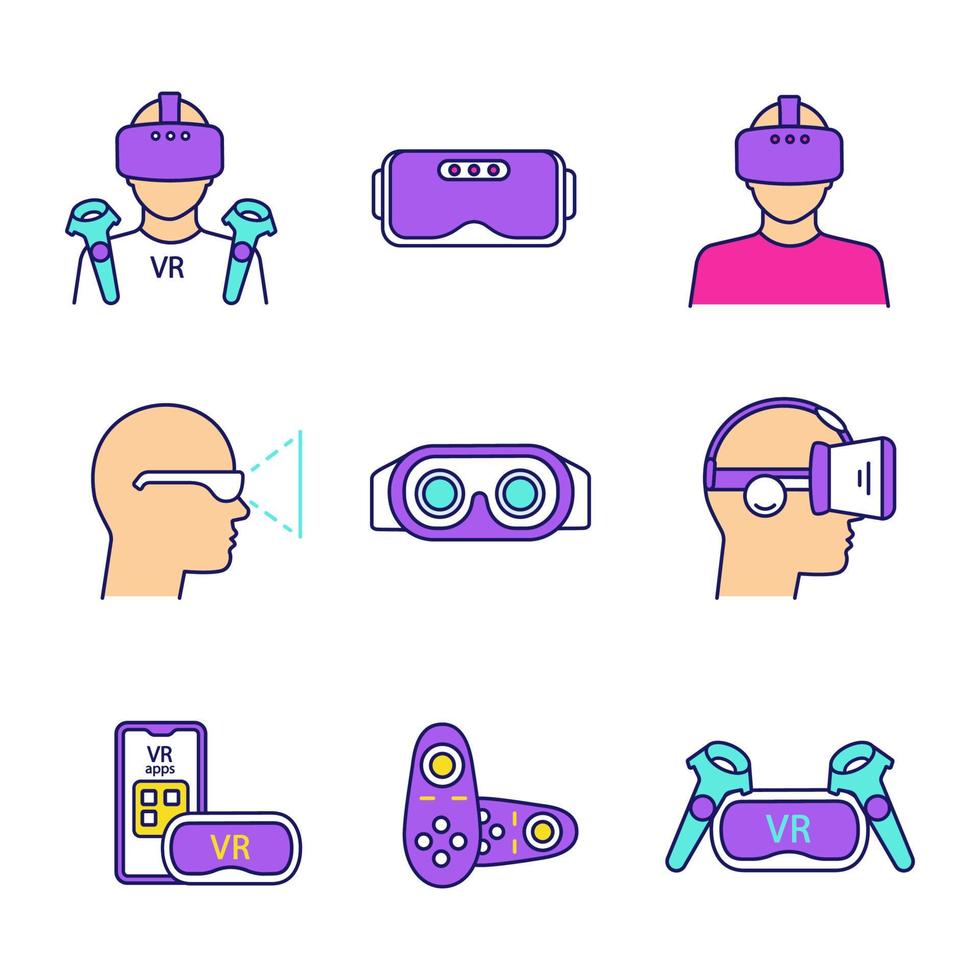 Virtual reality color icons set. VR games players, headsets, controllers, smartphone apps. Virtual reality devices. Isolated vector illustrations
