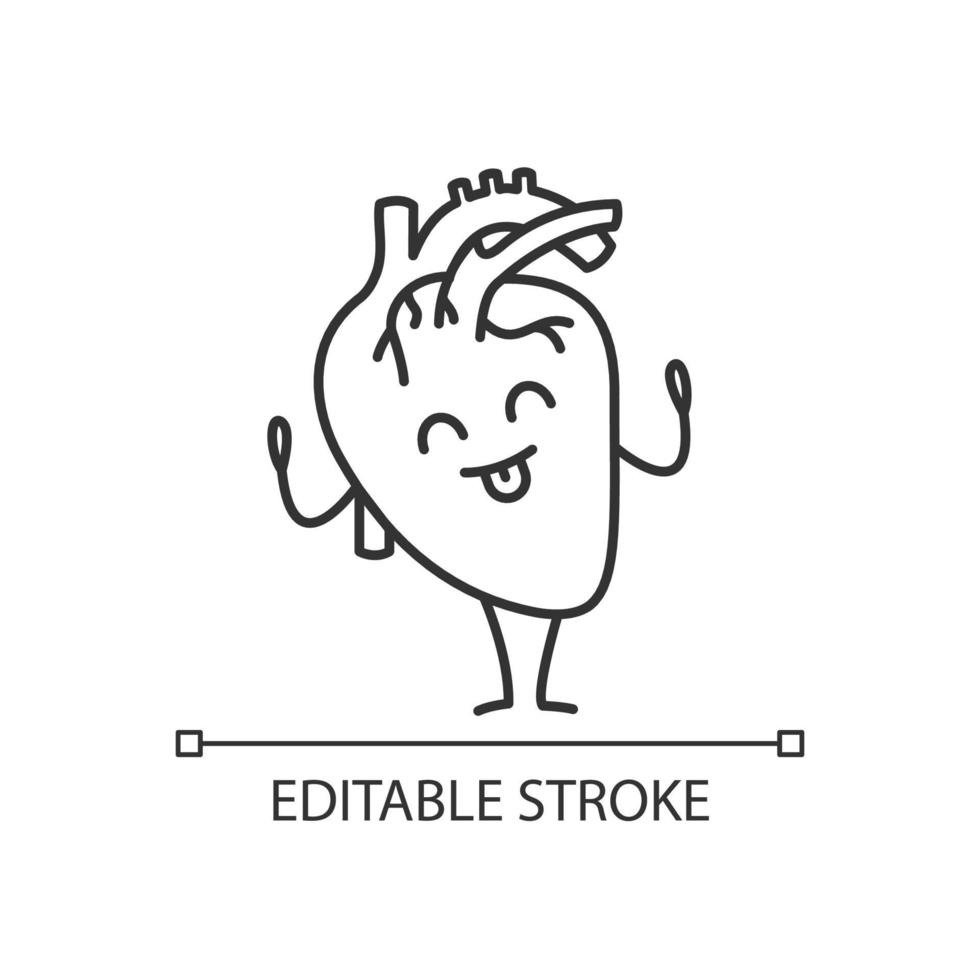 Happy human heart emoji linear icon. Thin line illustration. Cardiovascular system health. Healthy internal organ. Contour symbol. Vector isolated outline drawing. Editable stroke