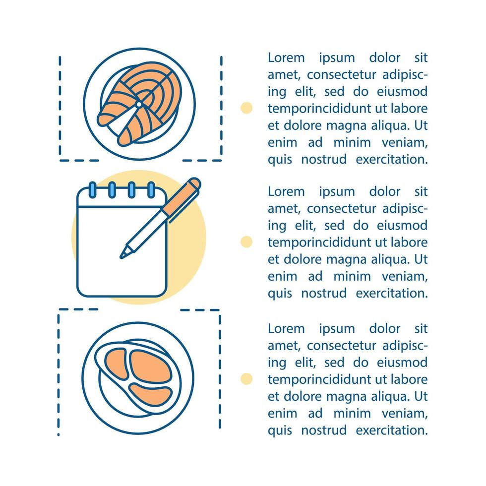 Plantilla de vector de página de artículo de nutrición saludable. dieta proteica, comer. folleto, revista, elemento de diseño de folleto con cuadros de texto. productos alimenticios. recetas de preparación de comidas. Ilustración del concepto de impresión