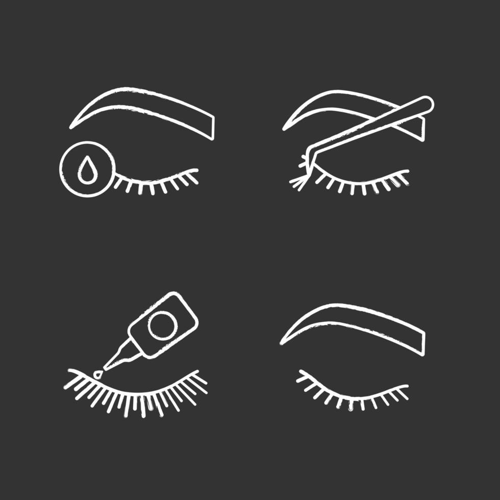 Eyelash extension chalk icons set. False lashes glue, primer for eyelash extension, cluster, closed woman's eye. Isolated vector chalkboard illustrations