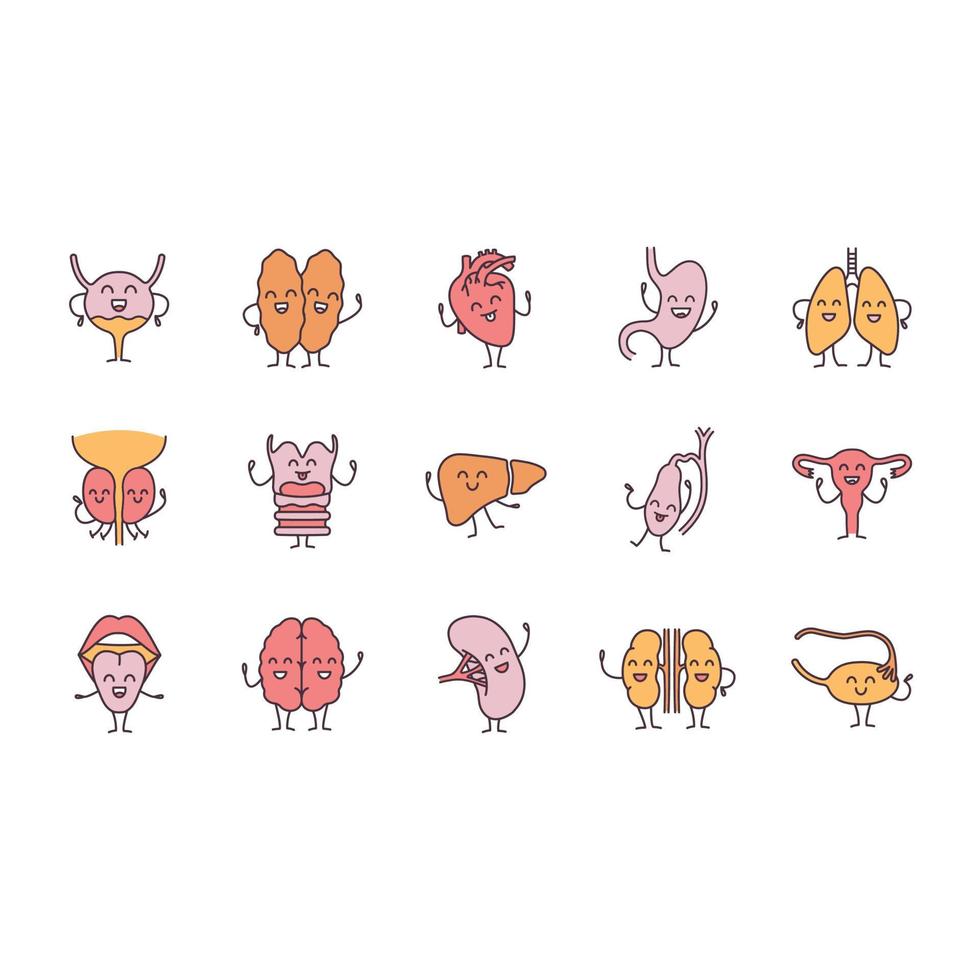 Smiling human internal organs characters color icons set. Respiratory, urinary, reproductive, digestive systems health. Isolated vector illustrations
