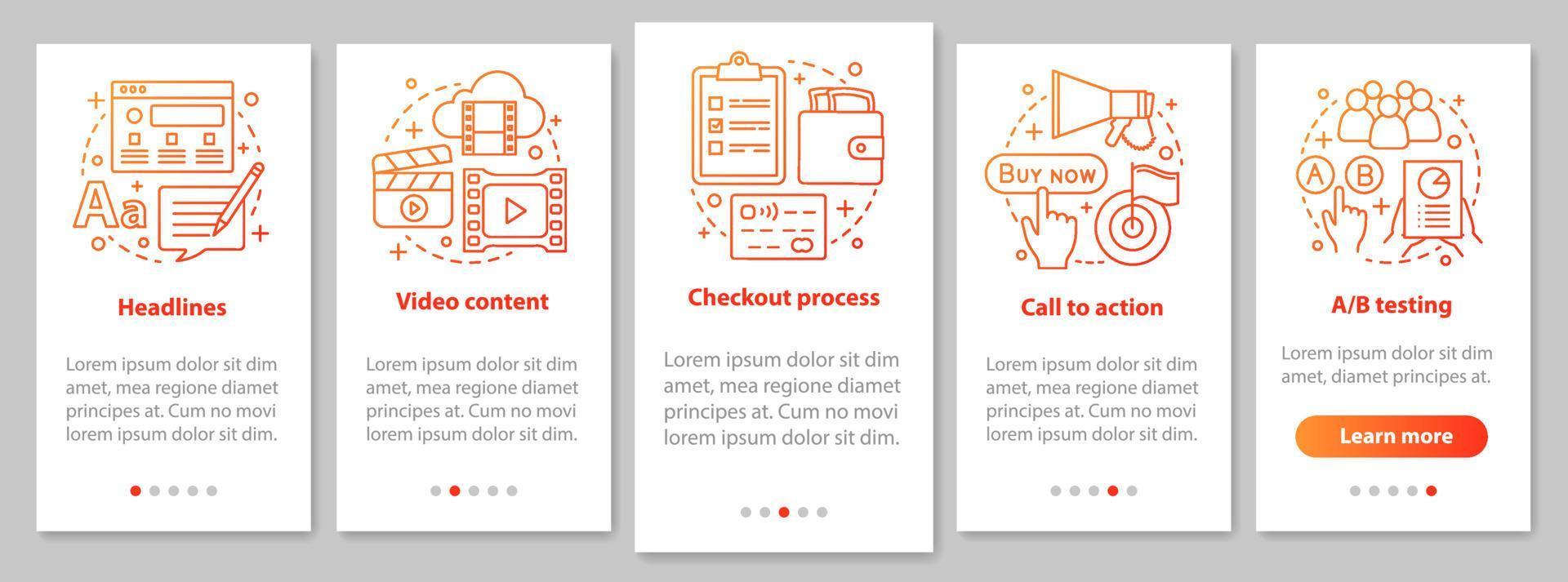 Digital marketing onboarding mobile app page screen with linear concepts. Advertising campaign walkthrough graphic steps. SMM promotion. SMM. UX, UI, GUI vector template with illustrations